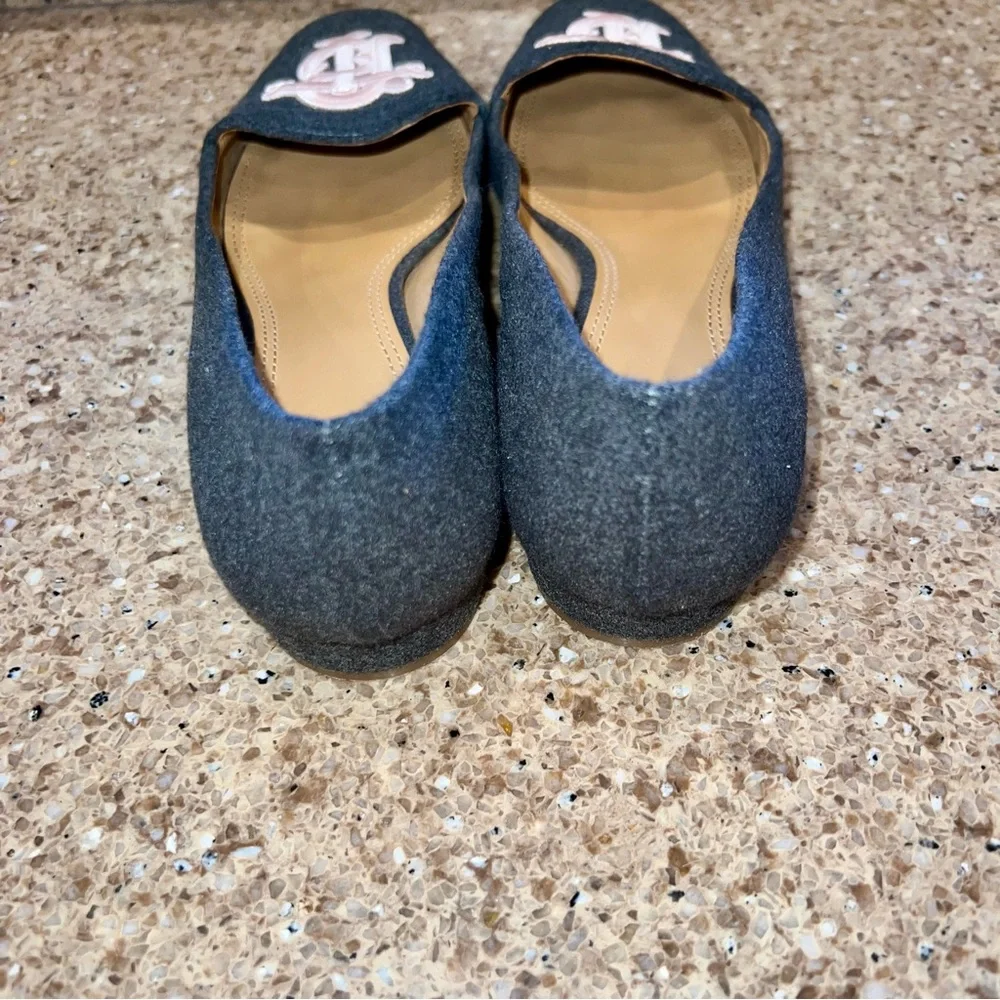 Tory Burch Black Felt Flats with Pink Logo